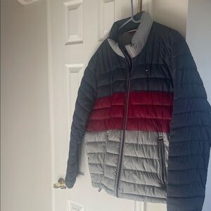Tommy Hilfiger Navy, Burgundy & Gray Colorblock Quilted Puffer Jacket
